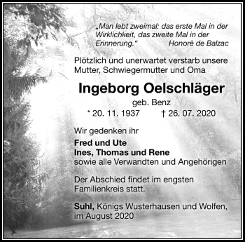 Traueranzeige von Ingeborg Oelschläger von Südthüringer Presse