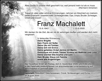 Traueranzeige von Franz Machalett von Südthüringer Presse