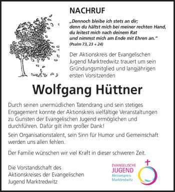 Traueranzeige von Wolfgang Hüttner von Frankenpost