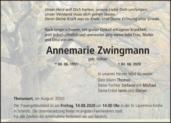 Traueranzeige von Annemarie Zwingmann von Neue Presse Coburg