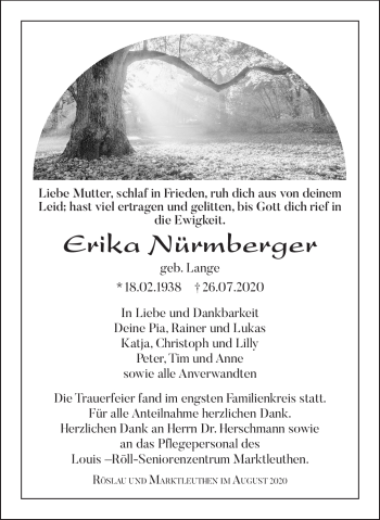 Traueranzeige von Erika Nürmberger von Frankenpost