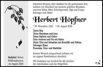Traueranzeige von Herbert Höpfner von Südthüringer Presse