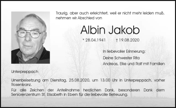 Traueranzeige von Albin Jakob von Neue Presse Coburg