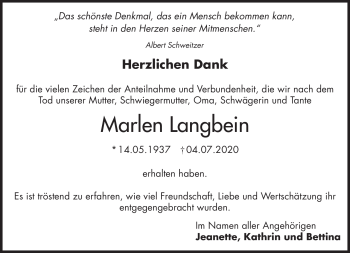 Traueranzeige von Marlen Langbein von Neue Presse Coburg