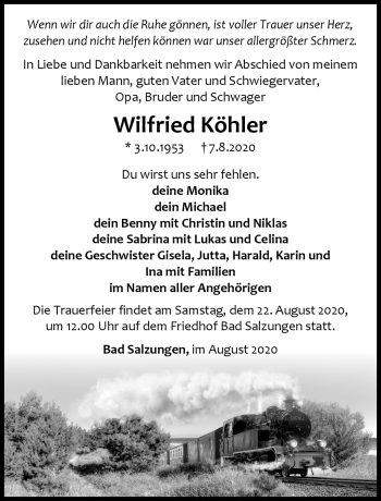 Traueranzeige von Wilfried Köhler von Südthüringer Presse