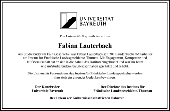 Traueranzeige von Fabian Lauterbach von Frankenpost