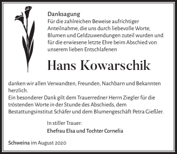 Traueranzeige von Hans Kowarschik von Südthüringer Presse