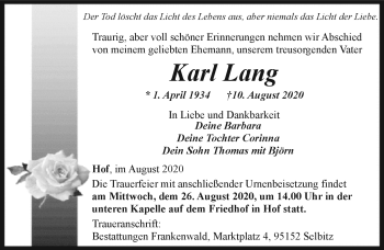 Traueranzeige von Karl Lang von Frankenpost