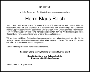 Traueranzeige von Klaus Reich von Frankenpost