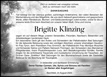 Traueranzeige von Brgitte Klinzing von Südthüringer Presse