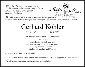 Traueranzeige von Gerhard Köhler von Neue Presse Coburg