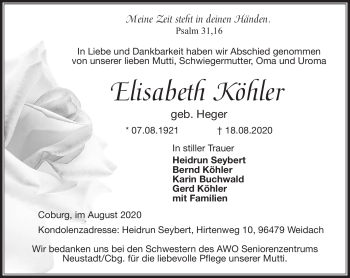 Traueranzeige von Elisabeth Köhler von Neue Presse Coburg