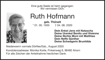 Traueranzeige von Ruth Hofmann von Neue Presse Coburg