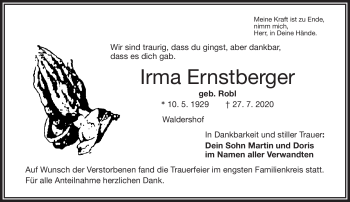 Traueranzeige von Irma Ernstberger von Frankenpost