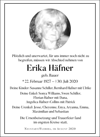 Traueranzeige von Erika Häftner von Neue Presse Coburg