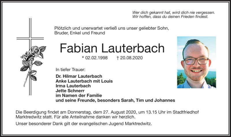  Traueranzeige für Fabian Lauterbach vom 26.08.2020 aus Frankenpost