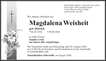 Traueranzeige von Magdalena Weisheit von Südthüringer Presse