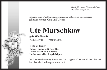 Traueranzeige von Ute Marschkow von Südthüringer Presse