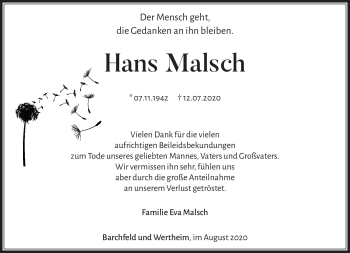 Traueranzeige von Hans Malsch von Südthüringer Presse
