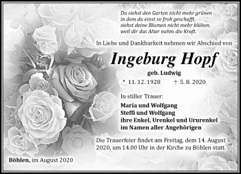 Traueranzeige von Ingeburg Hopf von Südthüringer Presse