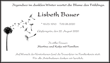 Traueranzeige von Lisbeth Bauer von Frankenpost
