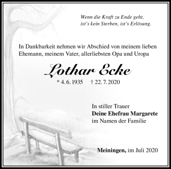 Traueranzeige von Lothar Eck von Südthüringer Presse