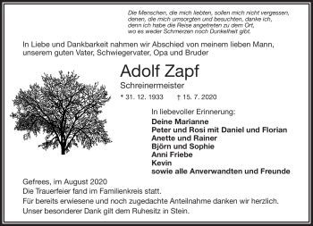 Traueranzeige von Adolf Zapf von Frankenpost