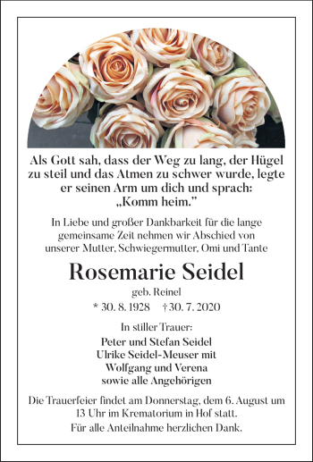 Traueranzeige von Rosemarie Seidel von Frankenpost