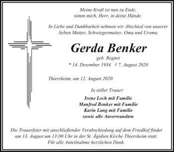 Traueranzeige von Gerda Benker von Frankenpost