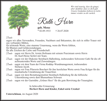 Traueranzeige von Ruth Horn von Südthüringer Presse