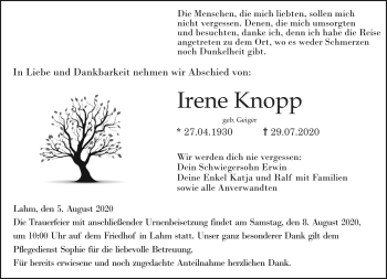 Traueranzeige von Irene Knopp von Neue Presse Coburg