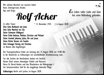 Traueranzeige von Rolf Acker von Südthüringer Presse