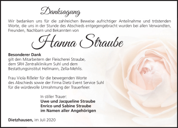 Traueranzeige von Hanna Straube von Südthüringer Presse