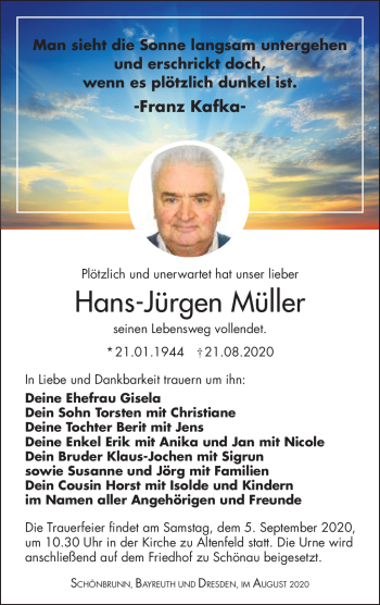 Traueranzeige von Hans-Jürgen Müller von Südthüringer Presse
