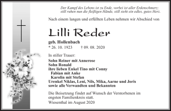 Traueranzeige von Lilli Reder von Südthüringer Presse