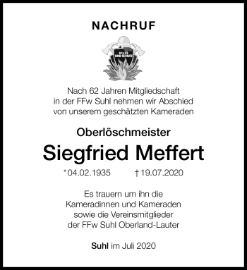 Traueranzeige von Siegfried Meffert von Südthüringer Presse
