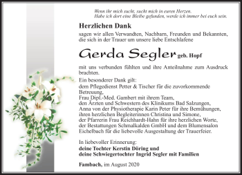 Traueranzeige von Gerda Segler von Südthüringer Presse