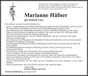 Traueranzeige von Marianne Häfner von Südthüringer Presse