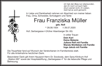 Traueranzeige von Franziska Müller von Frankenpost