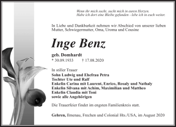 Traueranzeige von Inge Benz von Südthüringer Presse