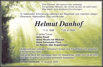 Traueranzeige von Helmut Danhof von Südthüringer Presse