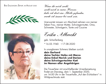 Traueranzeige von Erika Albrecht von Südthüringer Presse