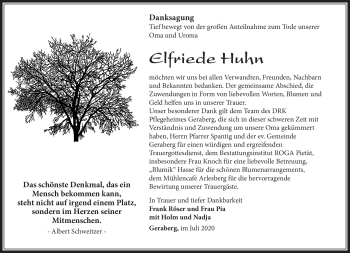 Traueranzeige von Elfriede Huhn von Südthüringer Presse