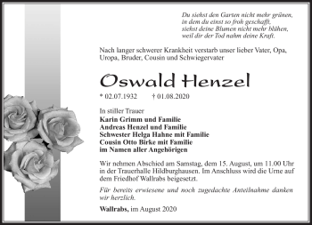 Traueranzeige von Oswald Henzel von Südthüringer Presse