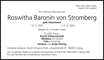 Traueranzeige von Roswitha Baronin von Stromberg von Neue Presse Coburg