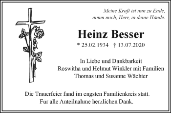 Traueranzeige von Heinz Besser von Frankenpost