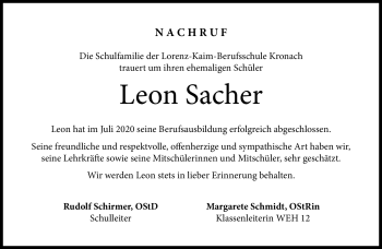 Traueranzeige von Leon Sacher von Neue Presse Coburg
