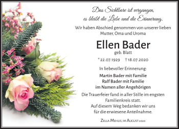 Traueranzeige von Ellen Bader von Südthüringer Presse