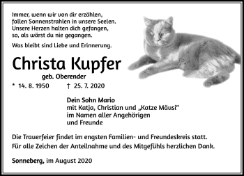 Traueranzeige von Christa Kupfer von Südthüringer Presse