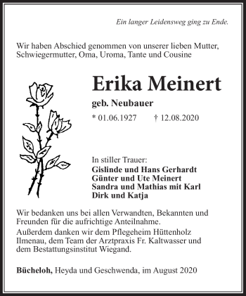 Traueranzeige von Erika Meinert von Südthüringer Presse
